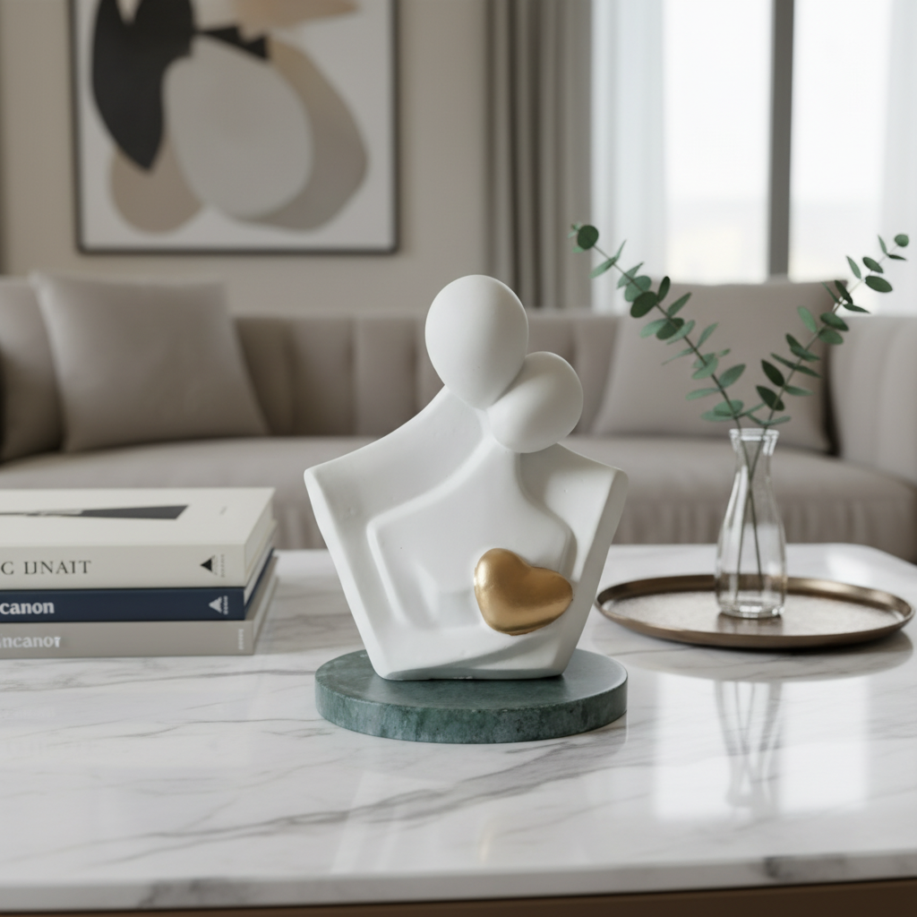 White Couple Showpiece Golden Heart With Green Marble Base