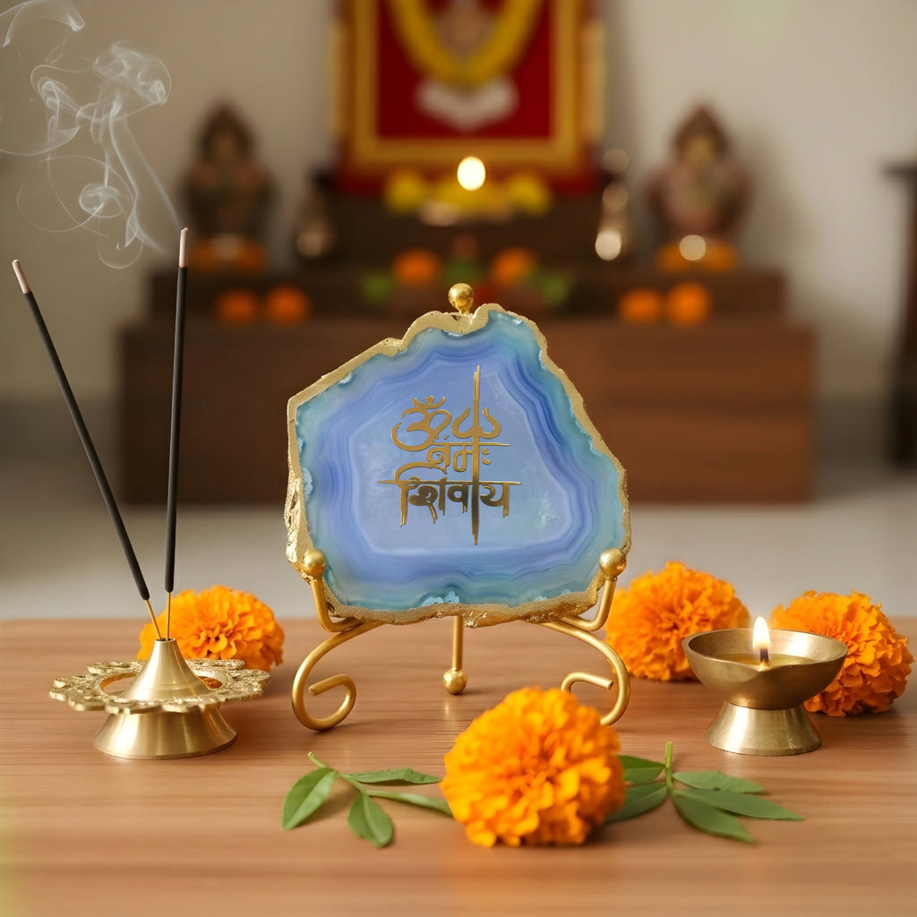 Agate Om Namah Shivay Showpiece with Metal Stand - Blue