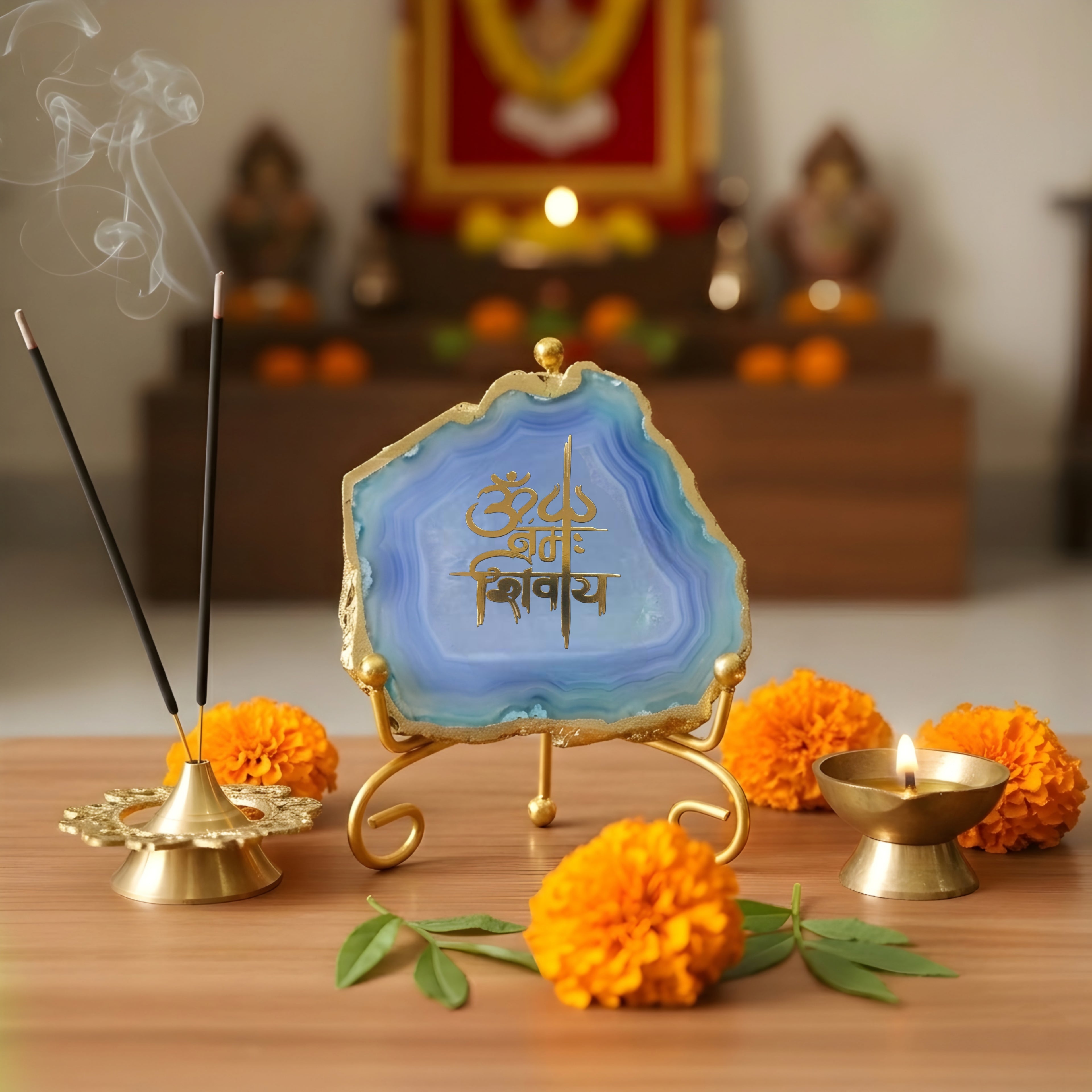 Agate Om Namah Shivay Showpiece with Metal Stand - Blue