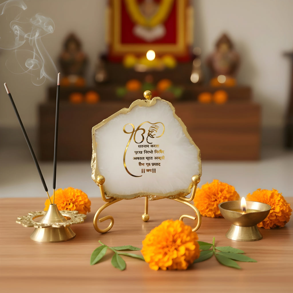 Agate Starting of Mool Mantra Showpiece with Metal Stand - White