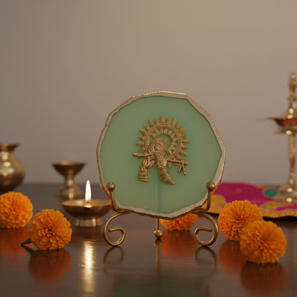 Agate Metal Krishna Showpiece with Metal Stand - Green