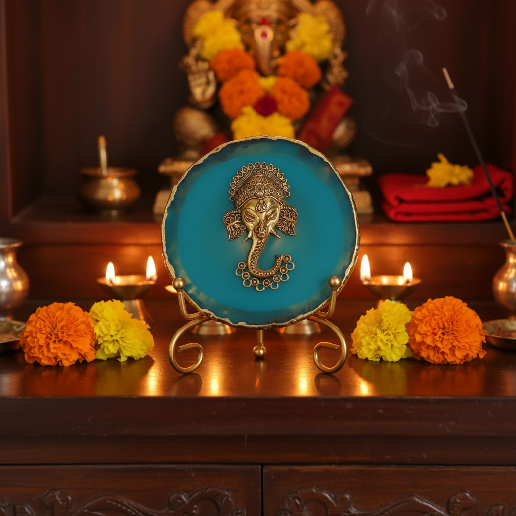 Agate Metal Ganesha Showpiece with Metal Stand - Turquoise