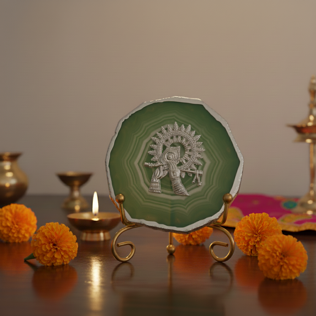 Agate Silver Metal Krishna Showpiece with Metal Stand - Green