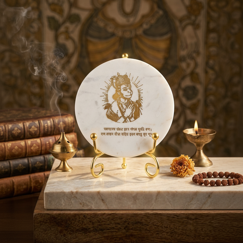 Marble Round Hanuman Showpiece with Metal Stand