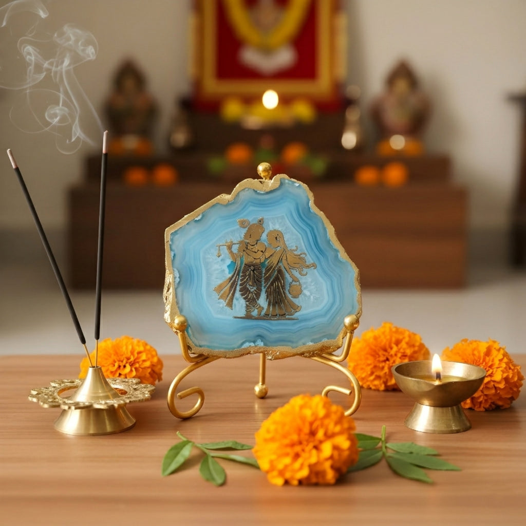 Agate Radha Krishna Showpiece with Metal Stand - Blue