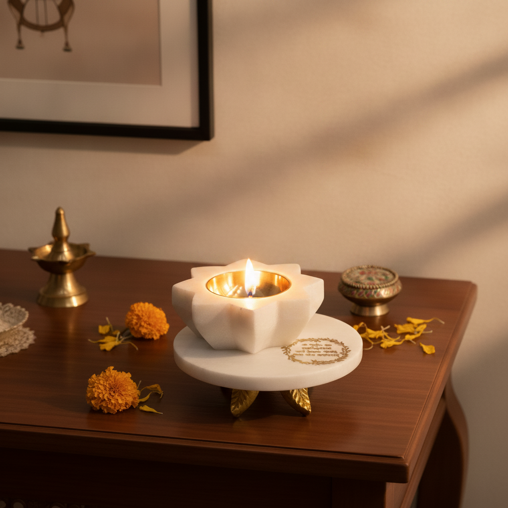 Marble Round Chowki With Marble Brass Diya