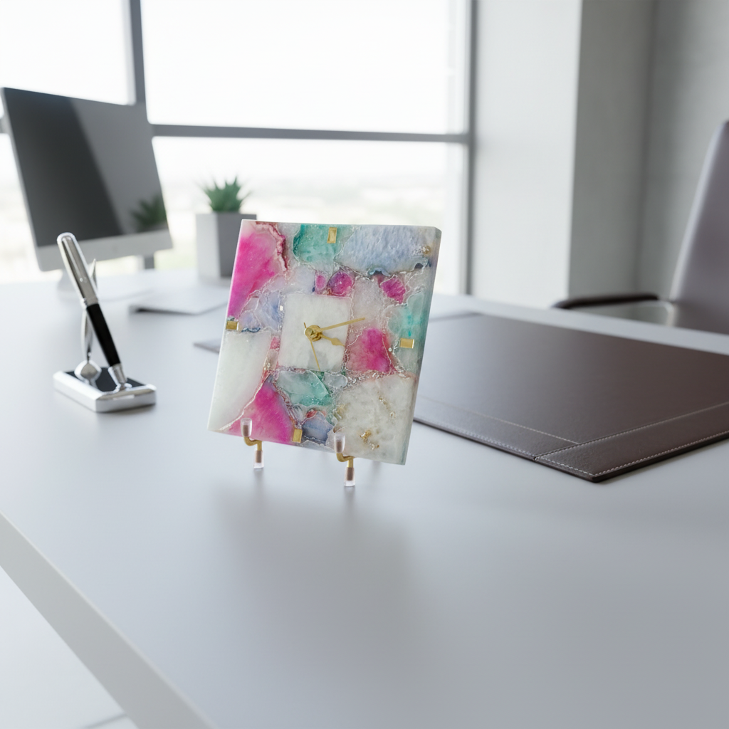 Agate Square Multi Color Desk Clock with Metal Stand