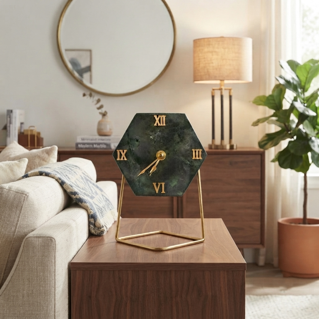 Green Marble Hexagonal Desk Clock With Metal Stand