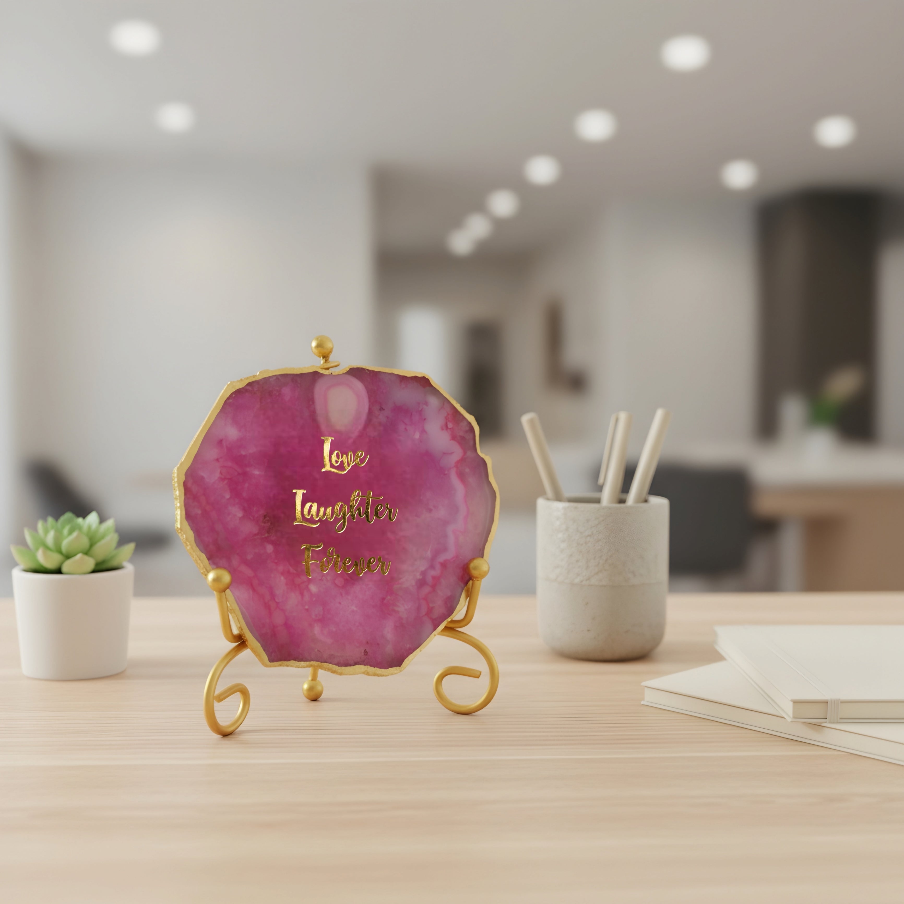 Agate love laughter forever Showpiece with Metal Stand - Pink