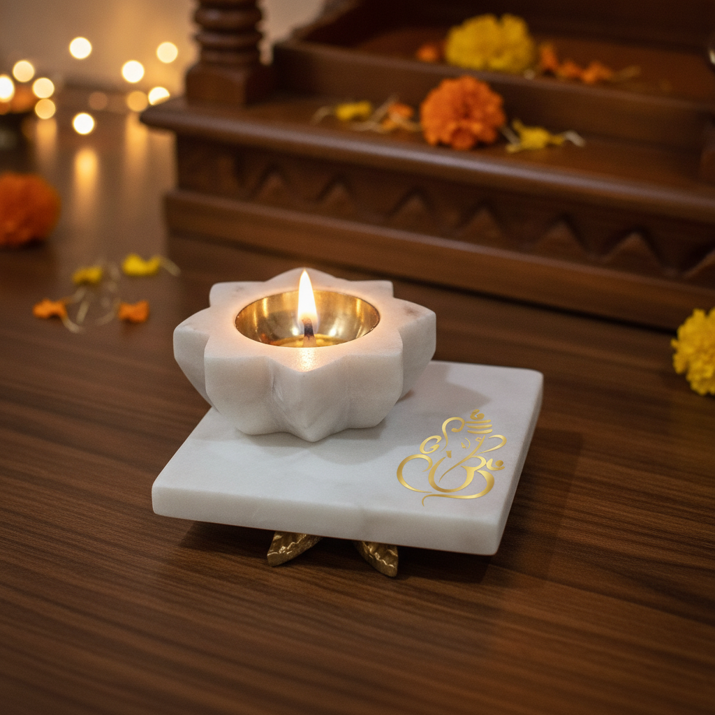 Marble Square Chowki With Marble Brass Diya