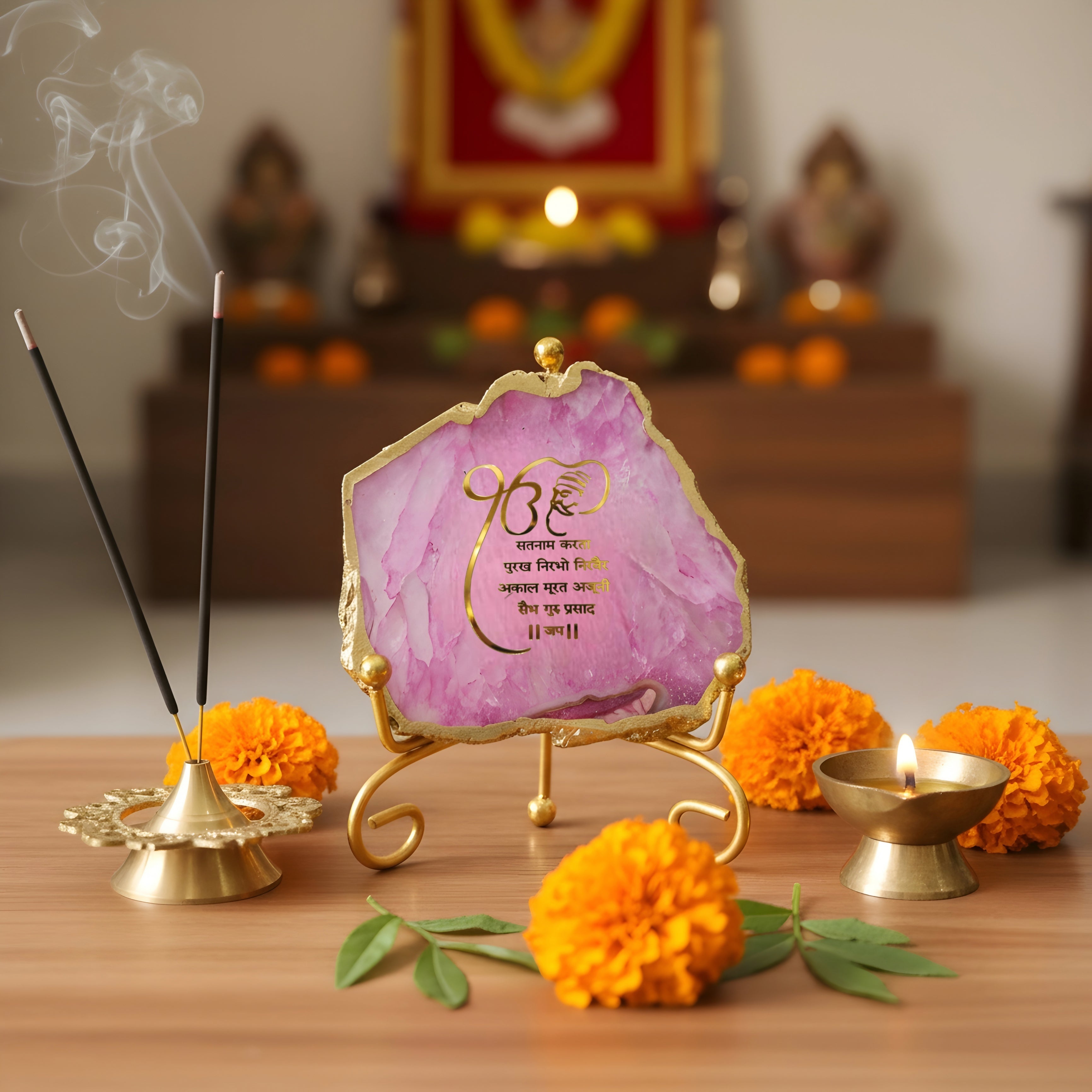 Agate Starting of Mool Mantra Showpiece with Metal Stand - Pink