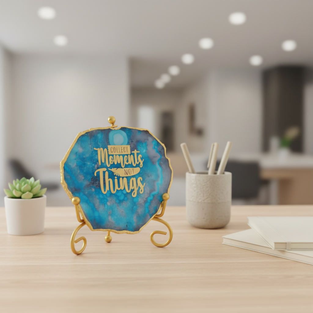 Agate Collect moments not things showpieces with Metal Stand -Blue