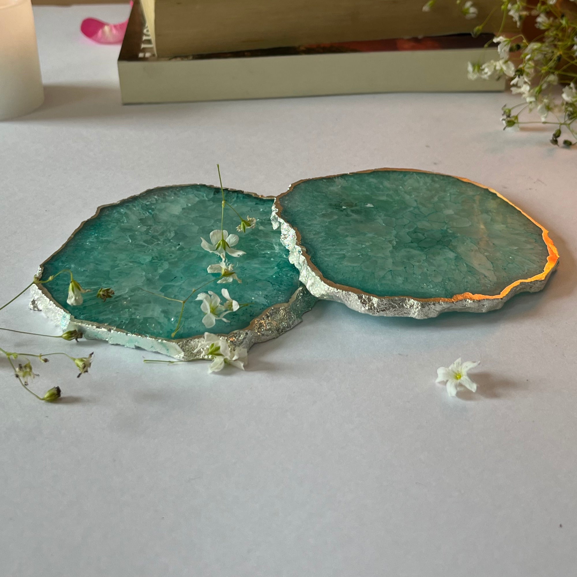 Green  Crystal Agate Coaster With Silver Plating