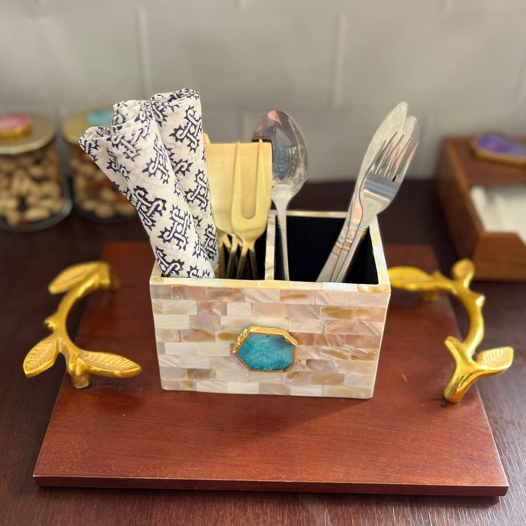 Turquoise Agate  With Mother Of Pearl Cutlery Holder