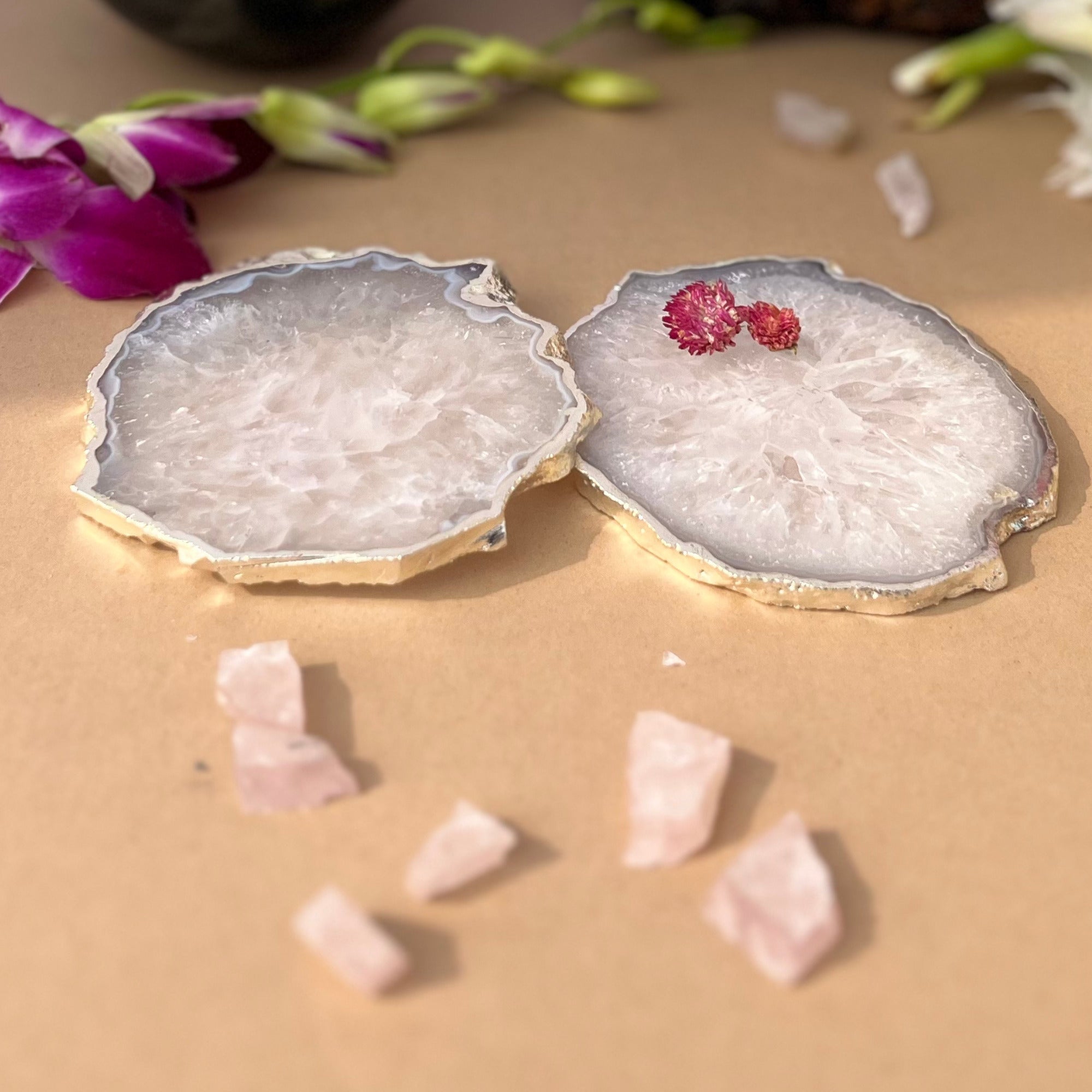 White  Crystal Agate Coaster With Silver Plating