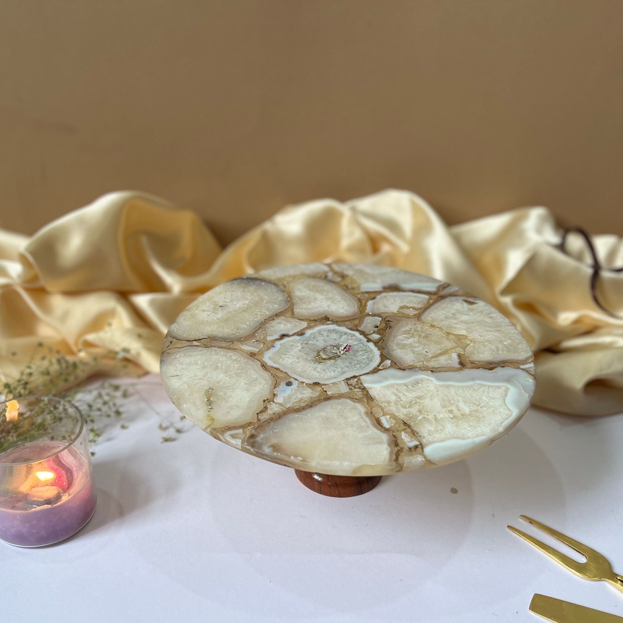 Natural Agate Cake Stand with Wooden Base - 10 Inches