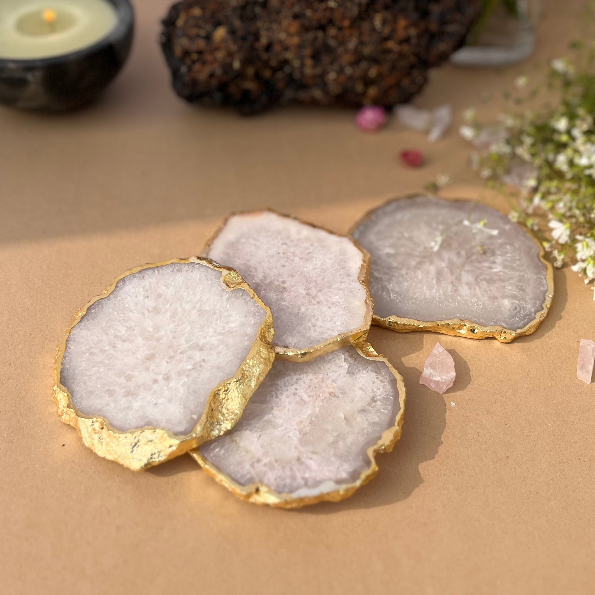 Green  Crystal Agate Coaster With Gold Plating