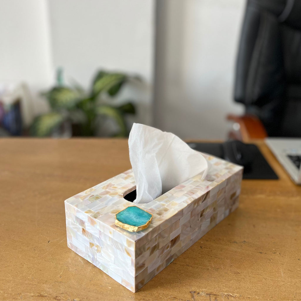 Green Agate with  Mother of Pearl Tissue Box Holder