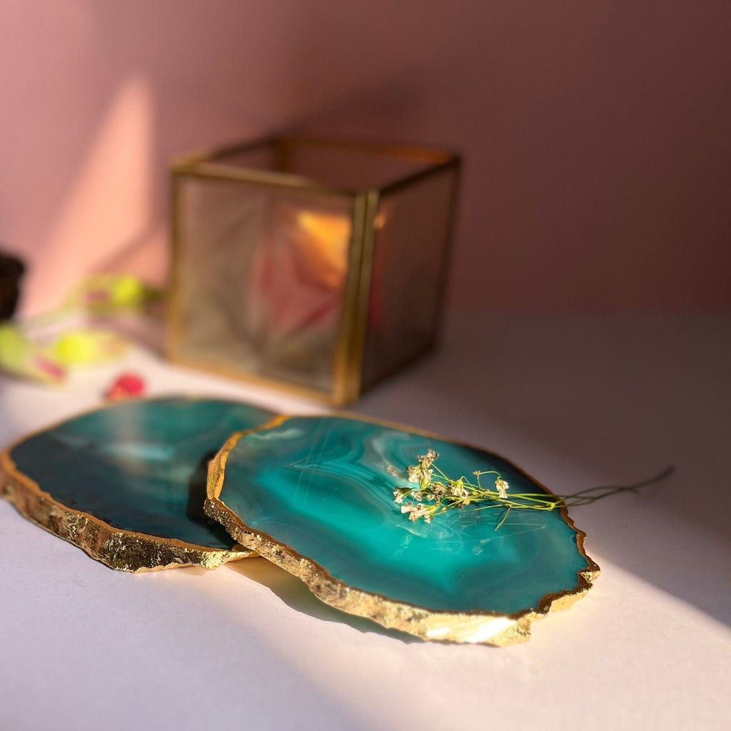 Blue  Natural Brazilian Agate Coaster With  Gold Plating