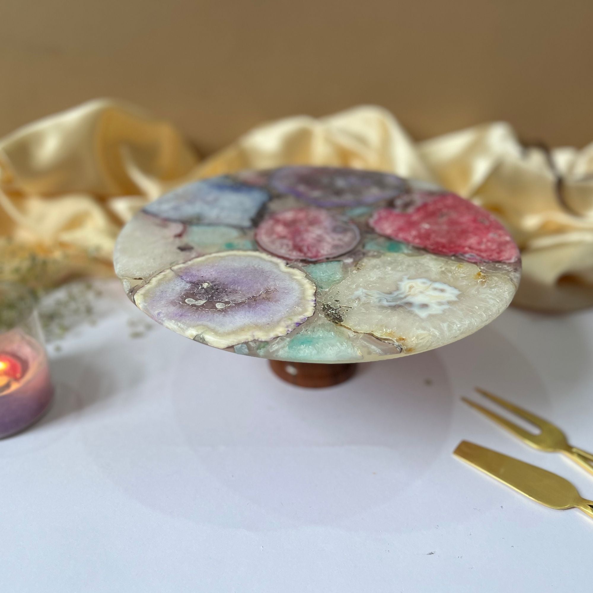 Purple Agate Cake Stand with Wooden Base - 10 Inches