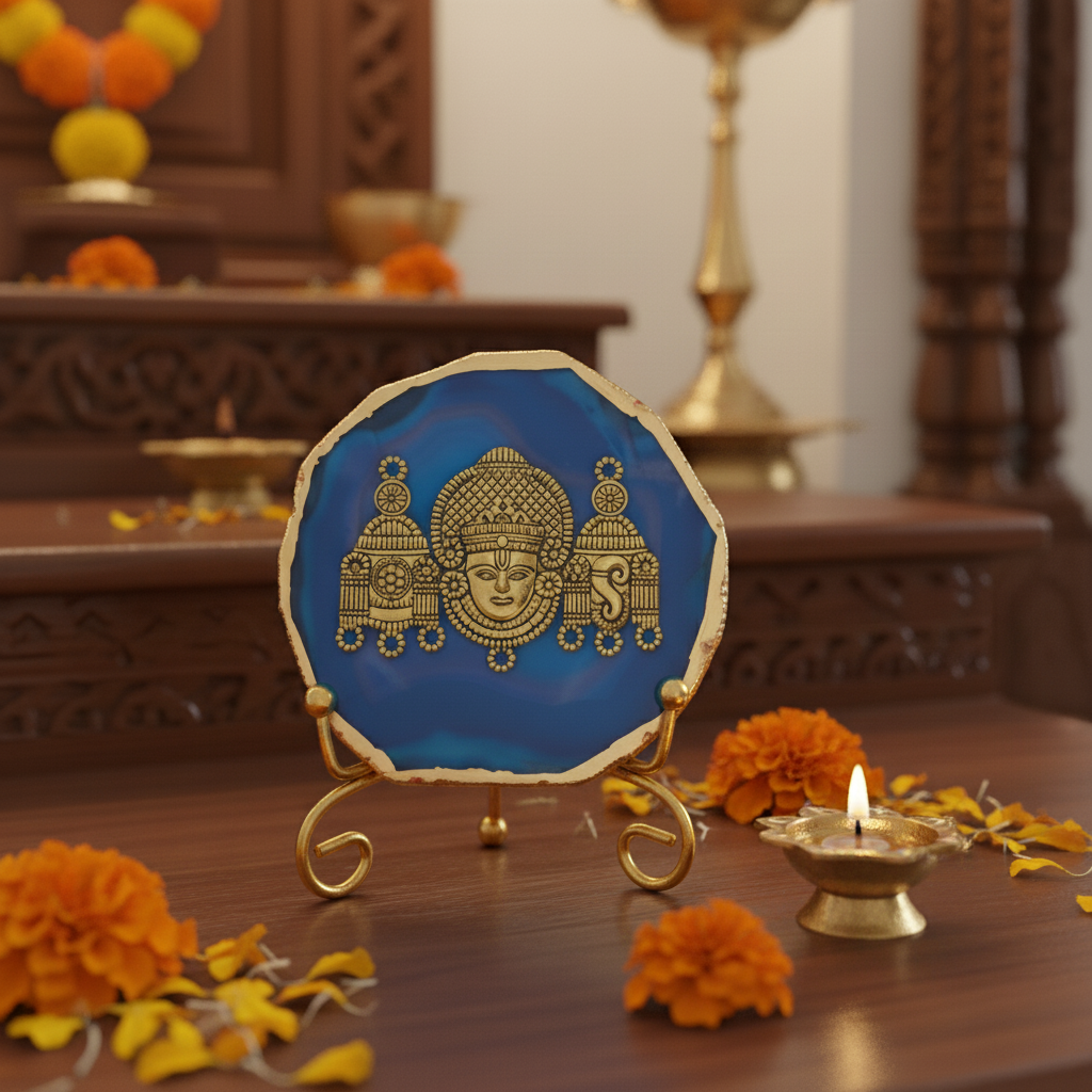 Agate Metal Venketeshwar Showpiece with Metal Stand - Blue