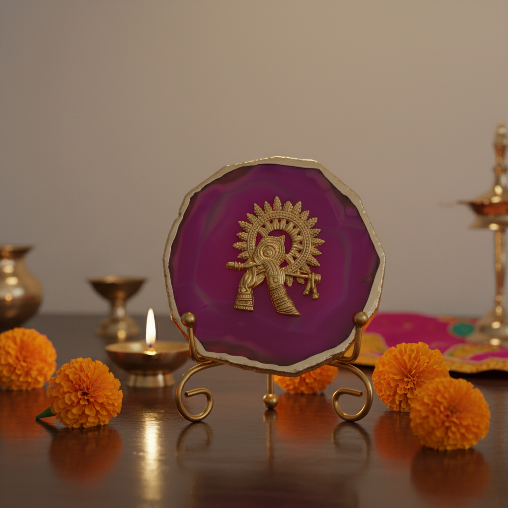 Agate Metal Krishna Showpiece with Metal Stand - Pink