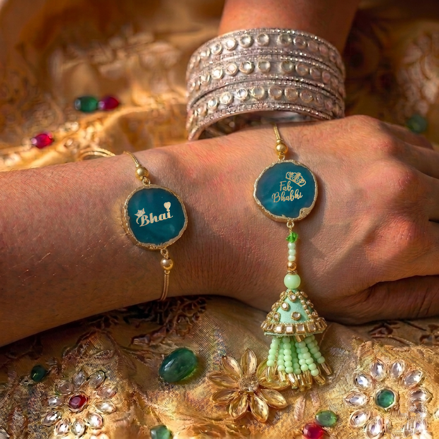 Agate Green Lumba Rakhi Set With Roli Chawal and Nariyal With Gift Box