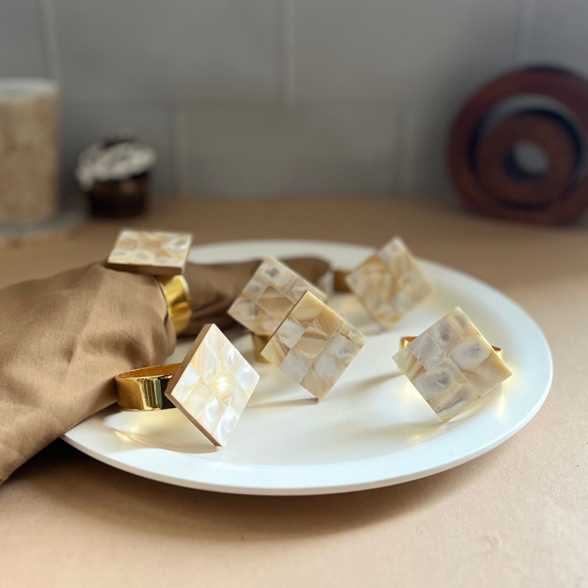 Sqaure Shape   Mother of Pearl Napkin Rings set