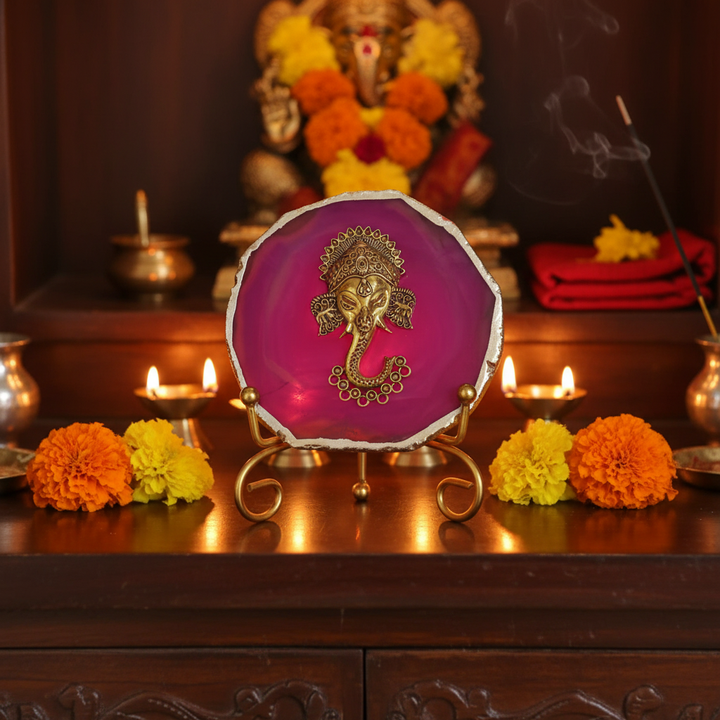 Agate Metal Ganesha Showpiece with Metal Stand - Pink