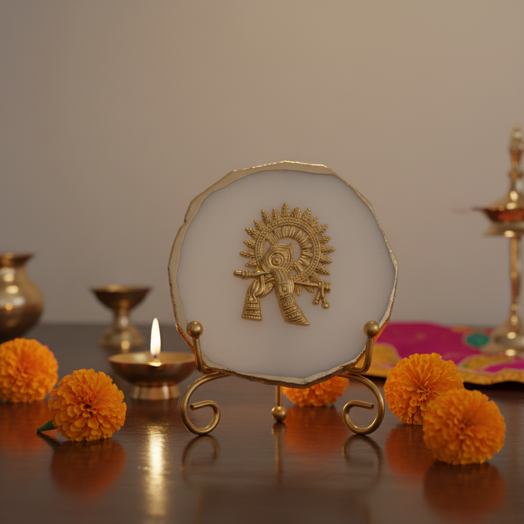 Agate Metal Krishna Showpiece with Metal Stand - White