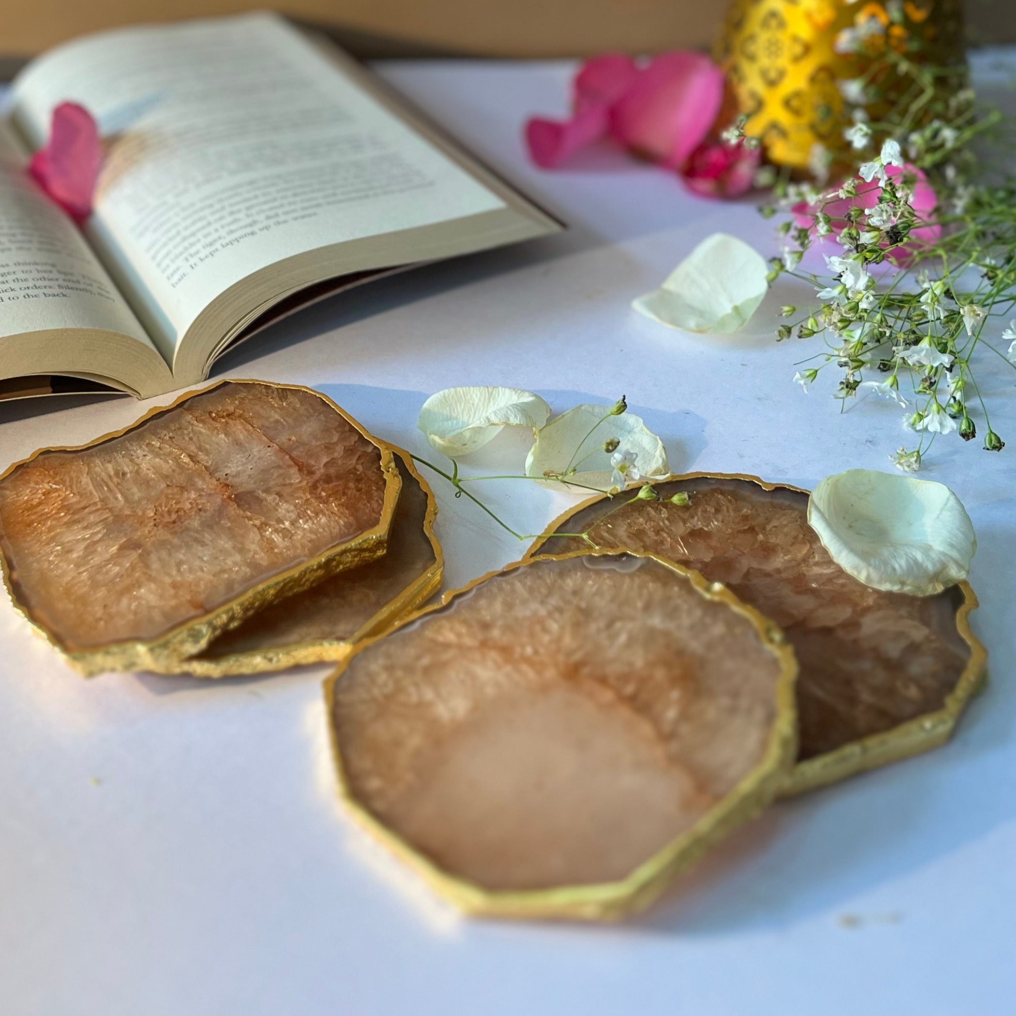 Green  Crystal Agate Coaster With Gold Plating