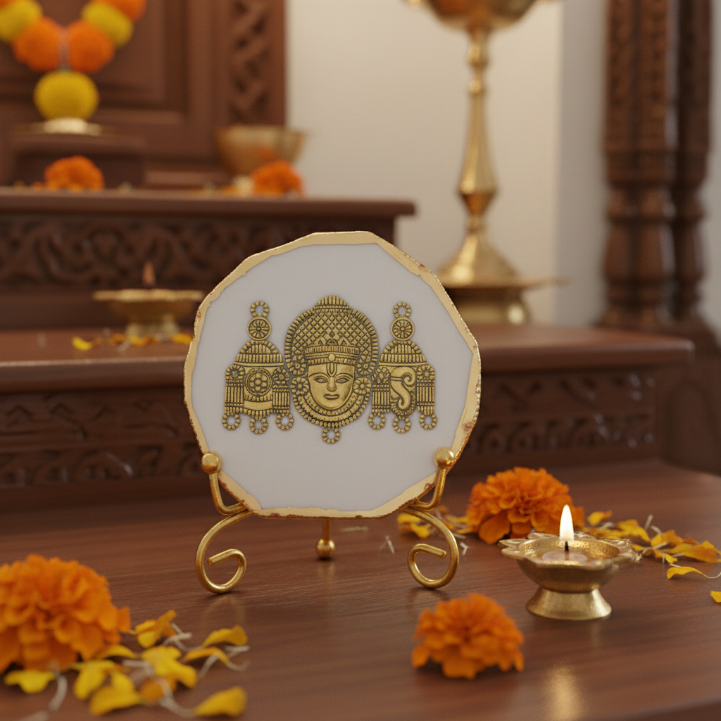 Agate Metal Venketeshwar Showpiece with Metal Stand - White