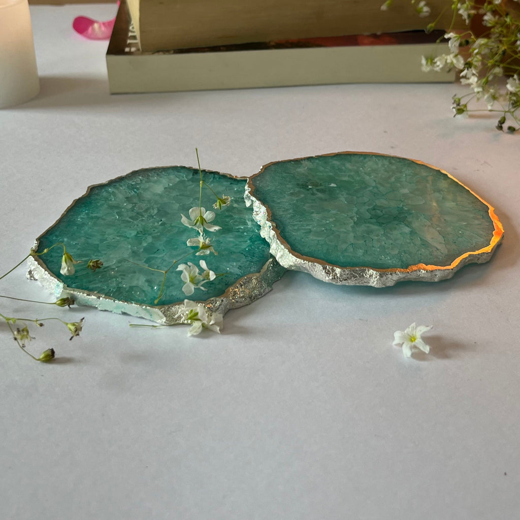Blue  Crystal Agate Coaster With Silver Plating