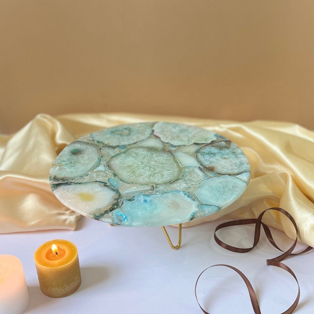 White Agate Cake Stand with Metal Base - 10 Inches