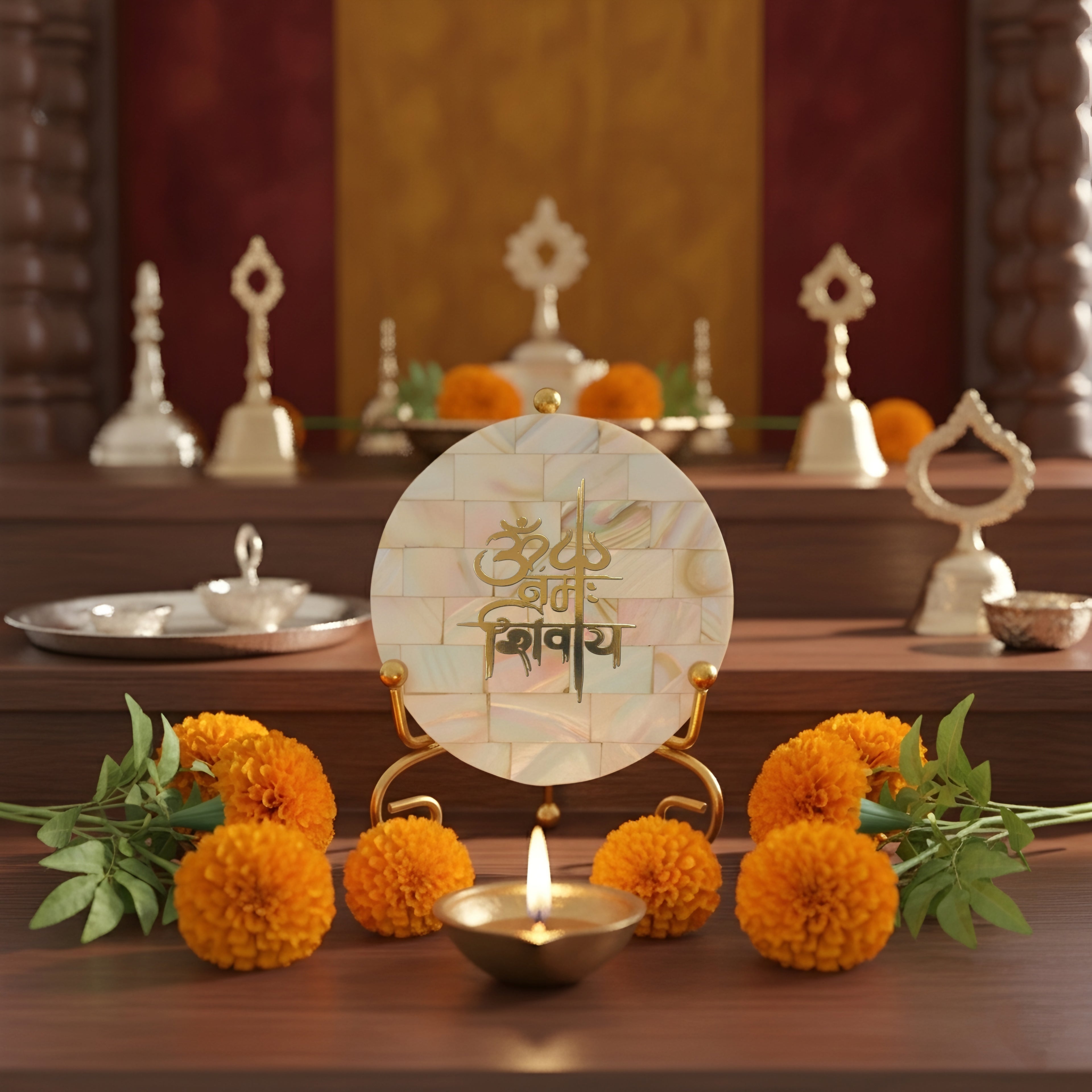 Mother of Pearl Om Namah Shivay Showpiece With Metal Stand
