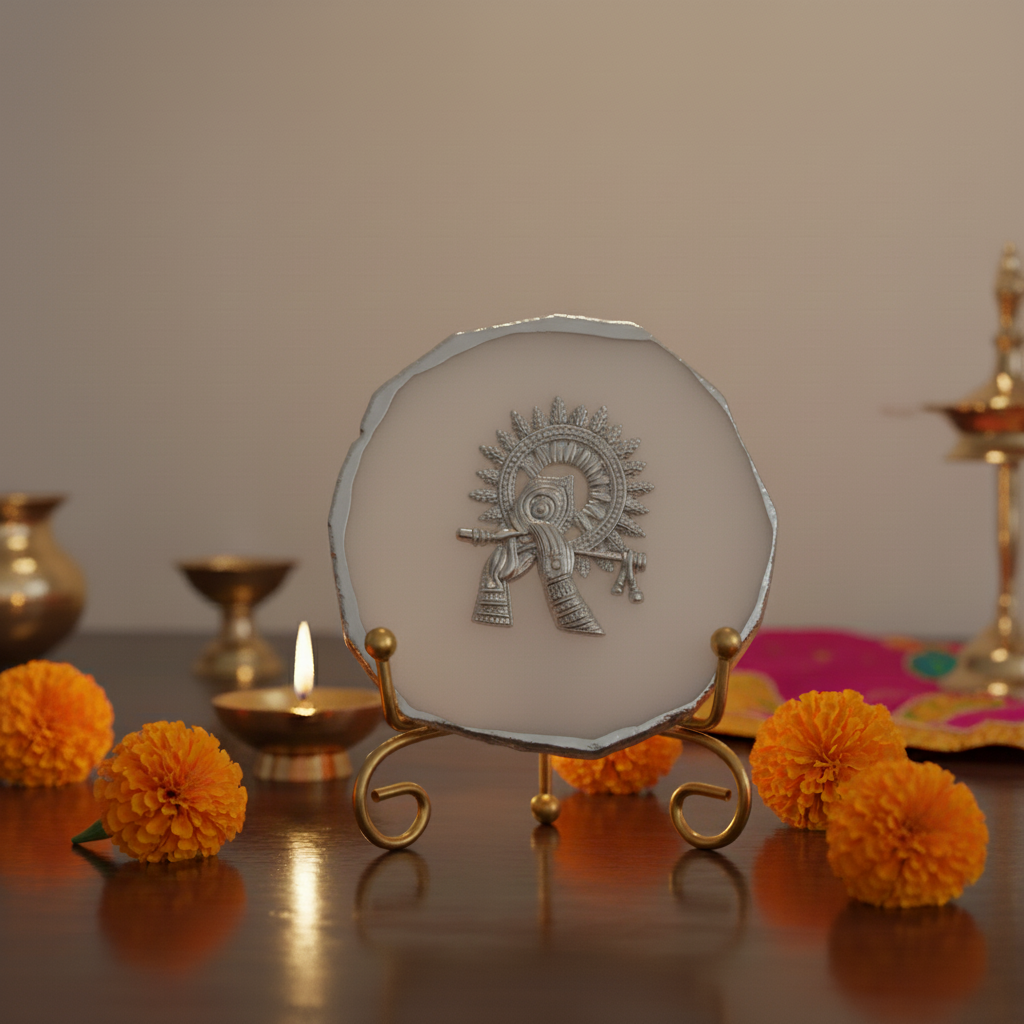 Agate Silver Metal Krishna Showpiece with Metal Stand - White