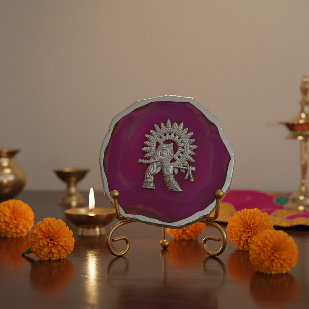 Agate Silver Metal Krishna Showpiece with Metal Stand - Pink