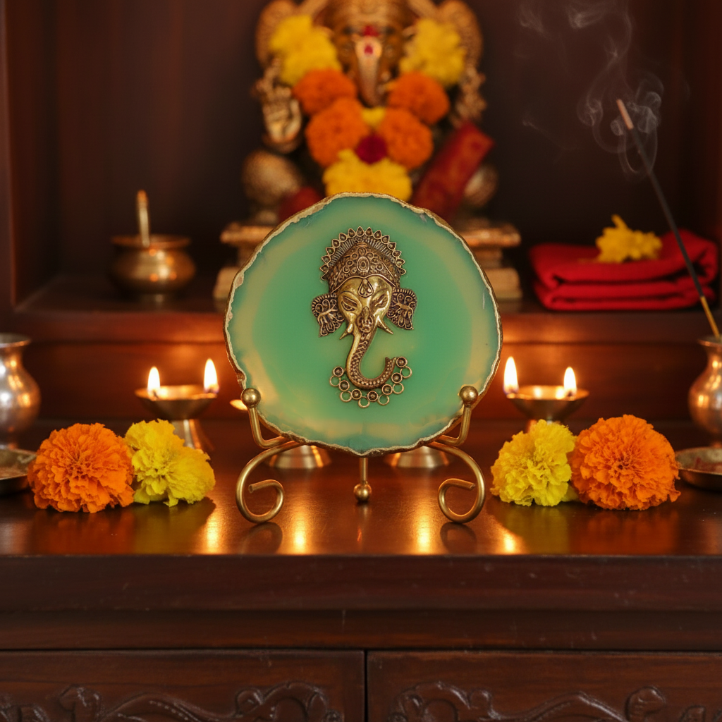 Agate Metal Ganesha Showpiece with Metal Stand - Green