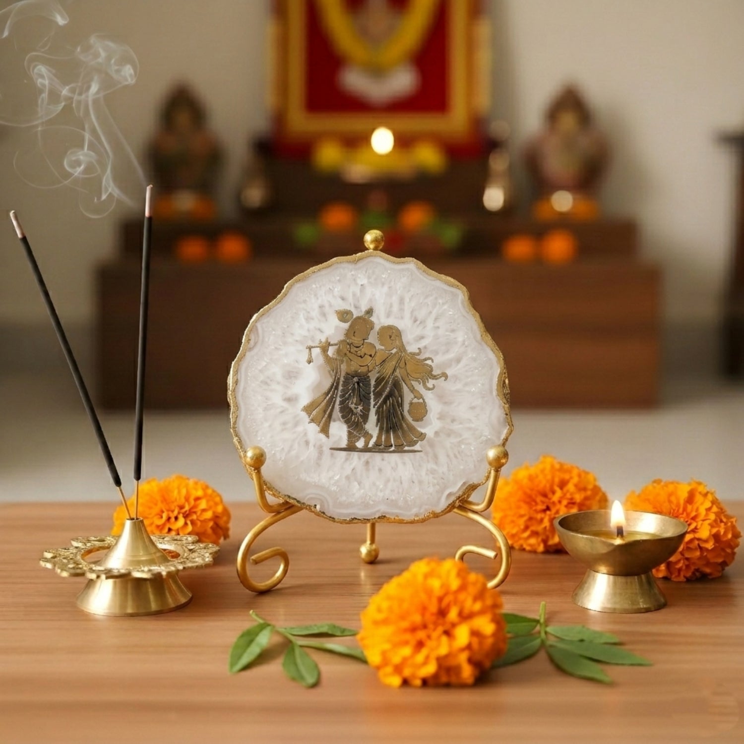 Agate Radha Krishna Showpiece with Metal Stand - White