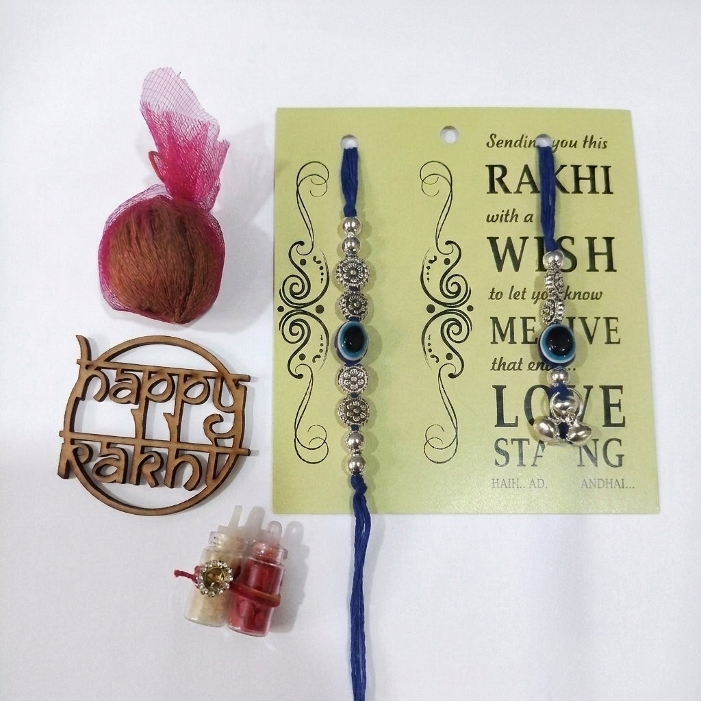 Evil Eye Blue Lumba Rakhi Set With Roli Chawal and Nariyal With Gift Box