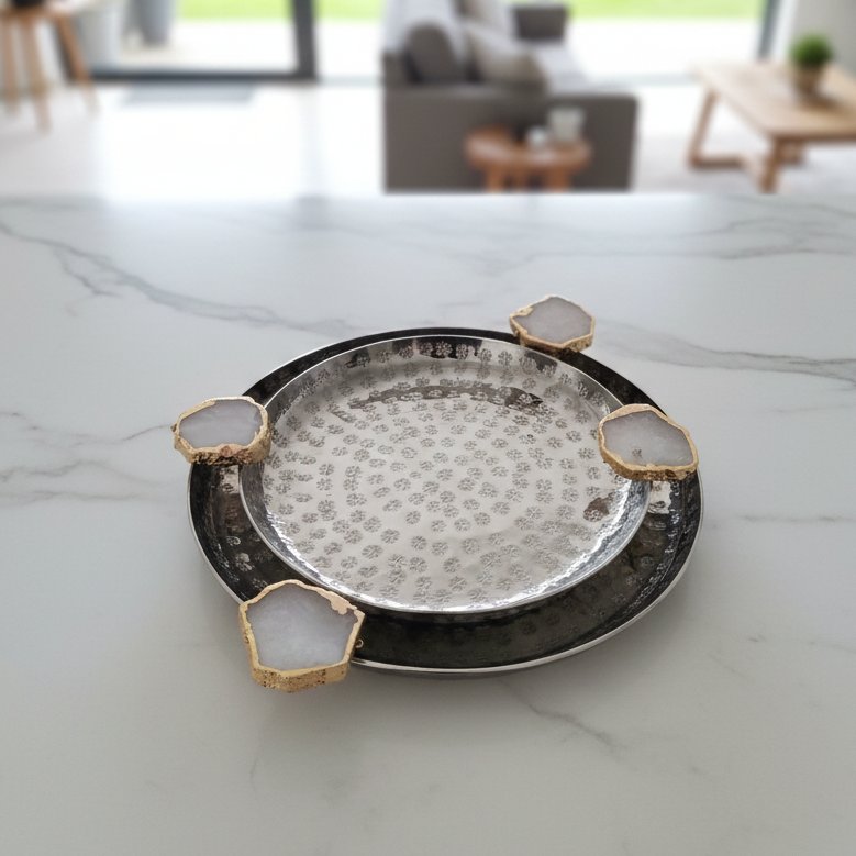 Round Aluminum Tray with White Agate