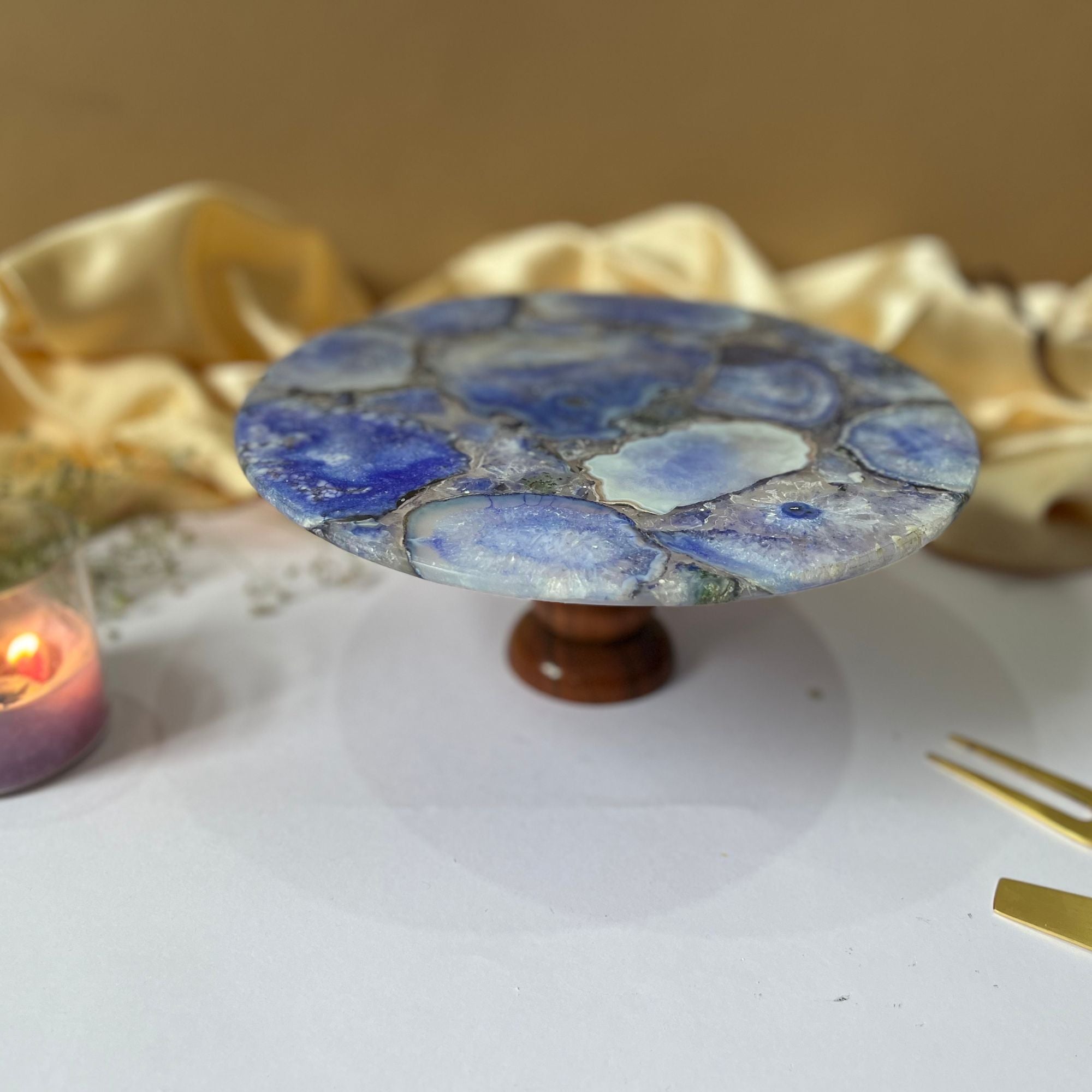 Natural Agate Cake Stand with Wooden Base - 10 Inches
