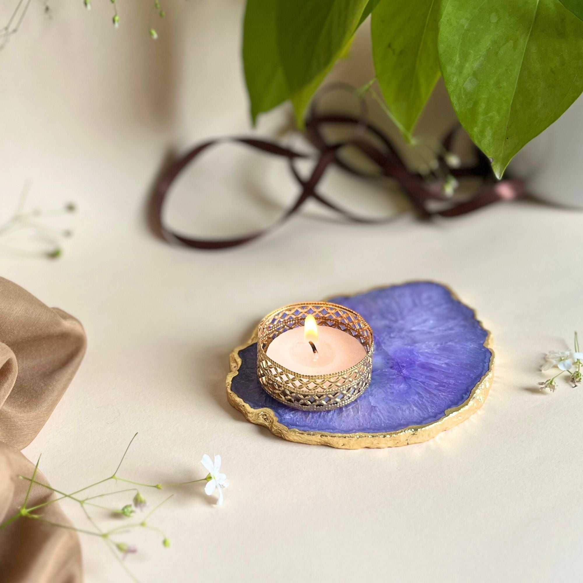 Agate Tea Light Holder with Gold Plated, Diwali Decor