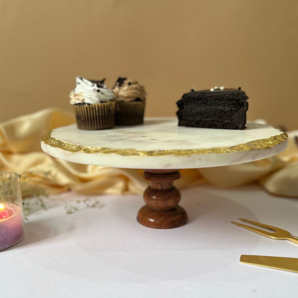 Marble Gold Plated Cake Stand with Wooden Base - 10 Inches