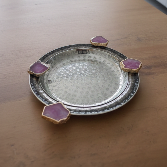 Round Aluminum Tray with Pink Agate