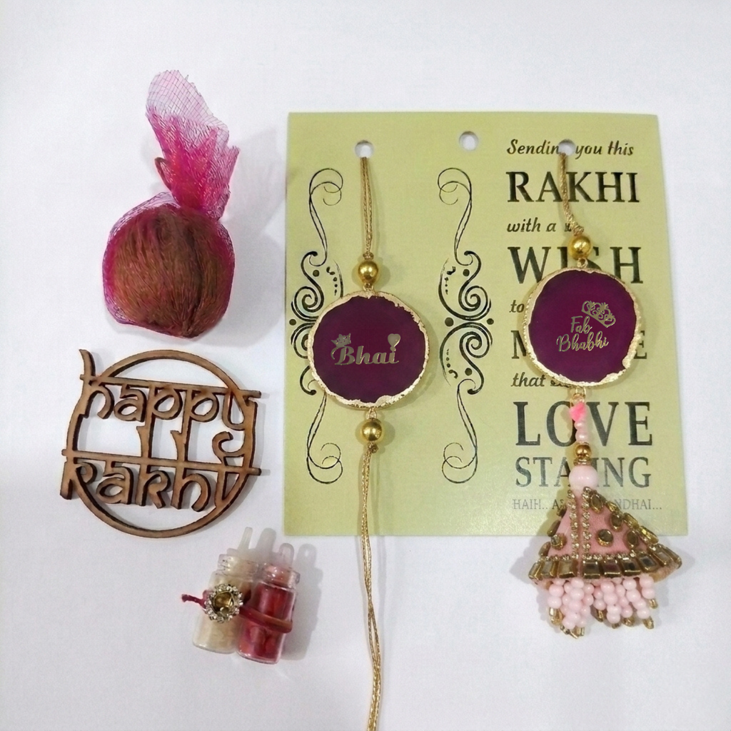 Agate Pink Lumba Rakhi Set With Roli Chawal and Nariyal With Gift Box