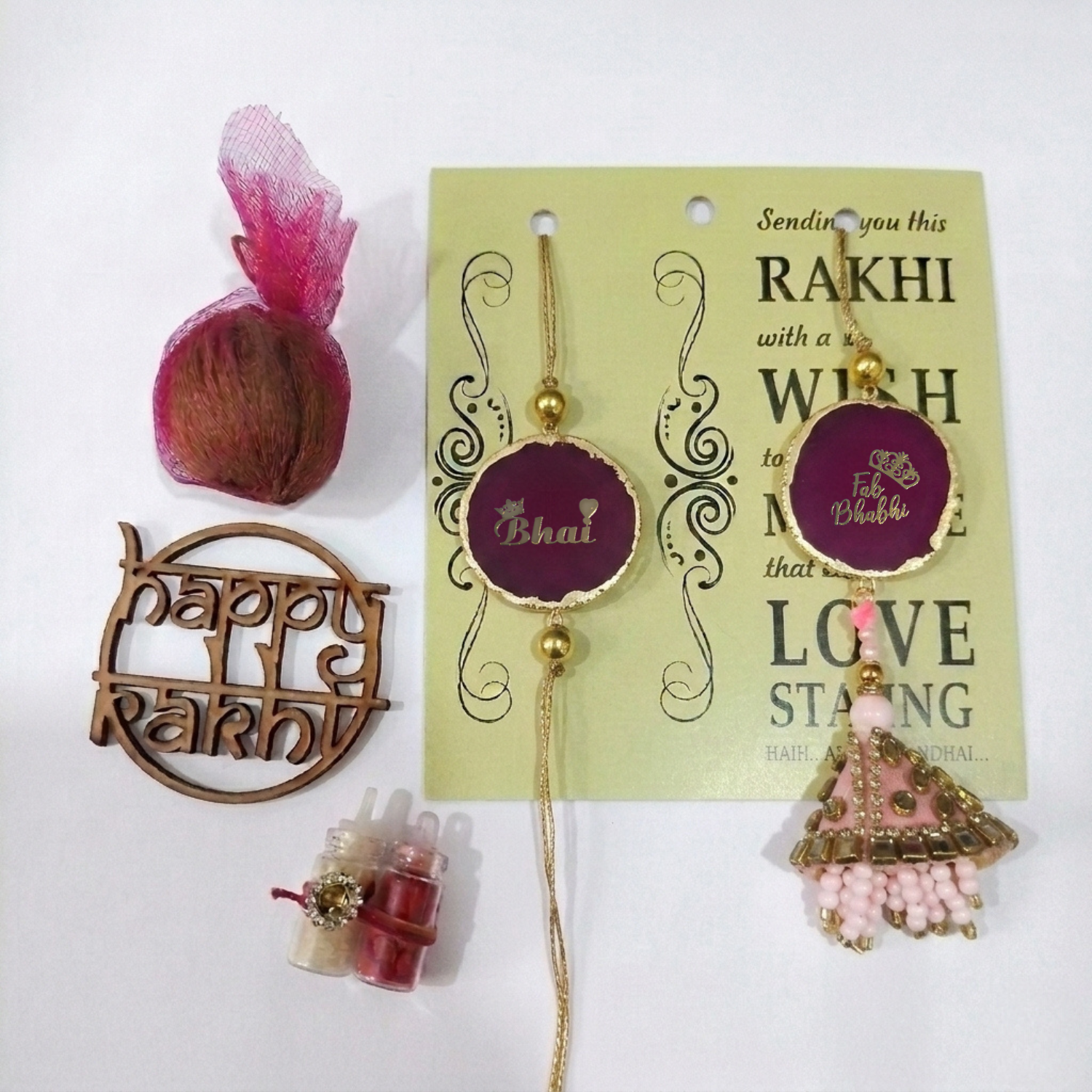 Agate Pink Lumba Rakhi Set With Roli Chawal and Nariyal With Gift Box