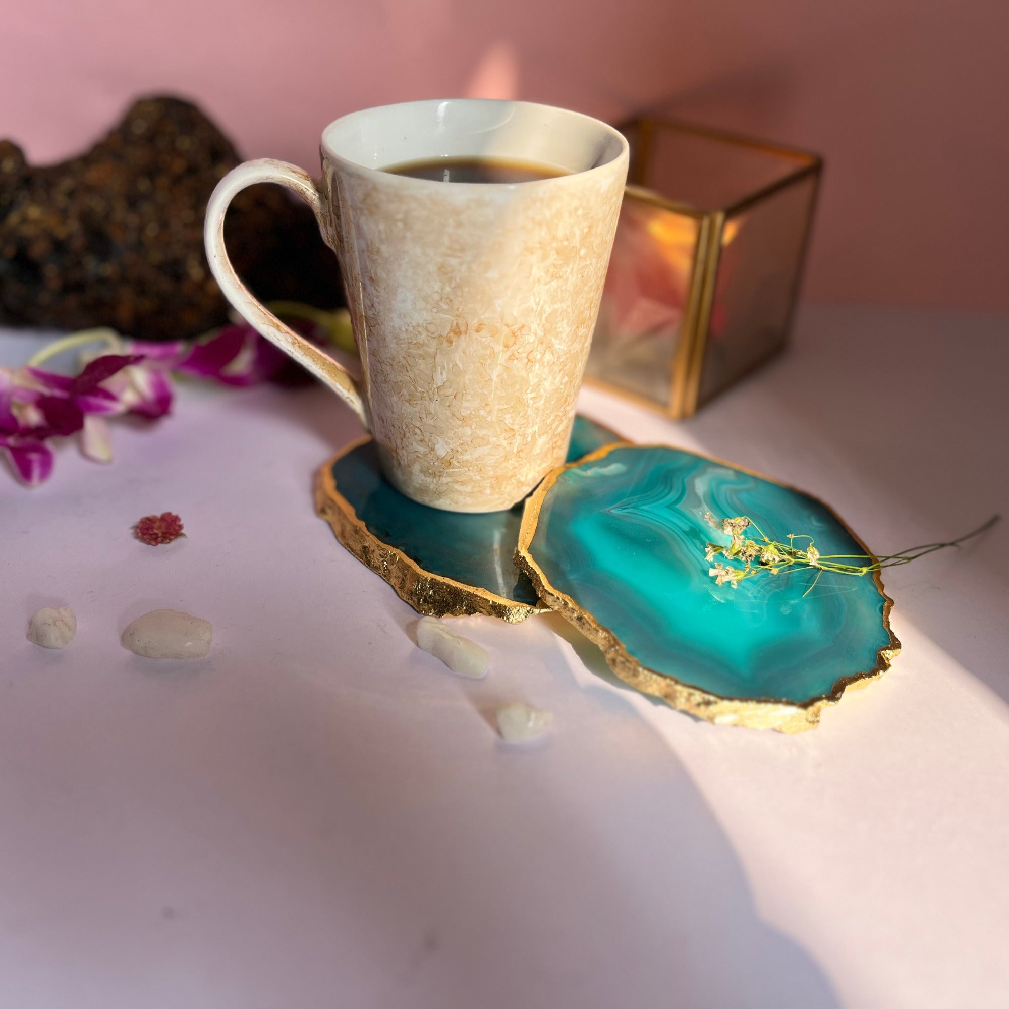 Blue  Natural Brazilian Agate Coaster With  Gold Plating
