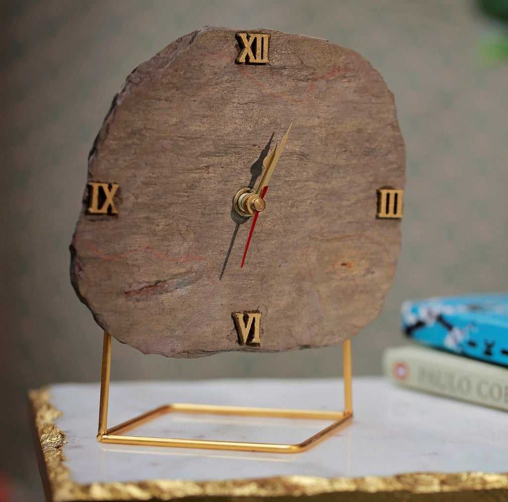 Natural Brown Peacock Slate Desktop Clock