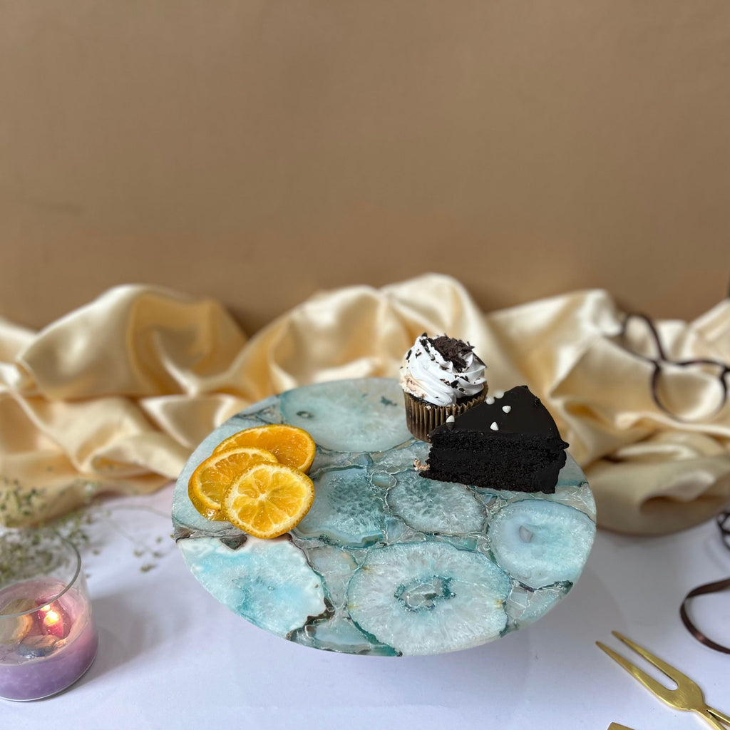Turquoise Agate Cake Stand with Wooden Base - 10 Inches